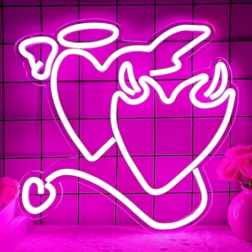 Angel Devil Neon Signs Pink Heart Led Sign for Bedroom 14''x13’’ Acrylic Love Neon Sign Wedding Neon Light Sign for Wall Dcor Bar Living Room Valentine's Day Girl Gift Christmas Party