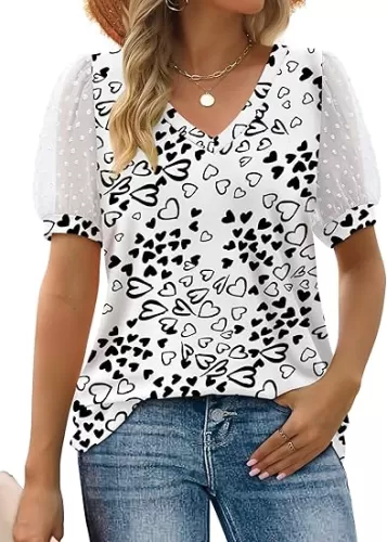 Aokosor Womens Summer Tops V Neck T Shirts Swiss Dot Puff Sleeve Tops Loose Casual Tshirts