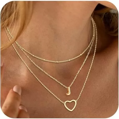 ASCOMY Gold Necklace for Women 14K Gold Plated Initial Necklaces Layered Heart Letter Necklace Layered Heart Pendant Necklace Alphabet A-Z Charm Necklaces Personalized Jewelry Gift for Women