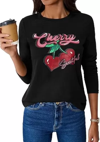 Avanova Women Cherry Heart Long Sleeve T Shirts Graphic Tee Cute Crew Neck Tops