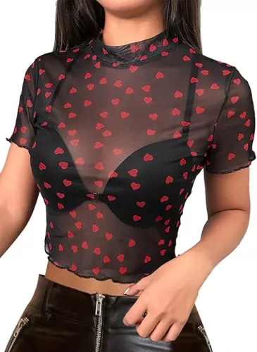 Avanova Women Heart Print Sheer Mesh Crop Top See Through Short Sleeve Sexy Shirt