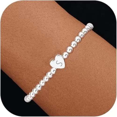 Beaded Bracelets for Women Dainty Heart Initial Bracelet Letter A-Z Charm Bracelet for Women Stretch Bead Ball Bracelet Trendy Jewelry Gifts