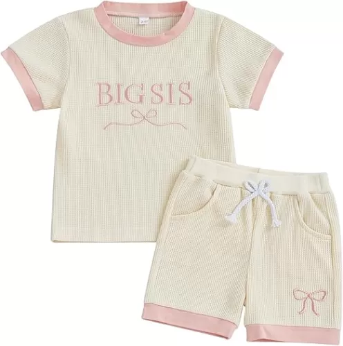Big Sis Little Sis Matching Outfits Toddler Baby Girl Bow Embroidery Shirt Shorts Infant Summer Clothes