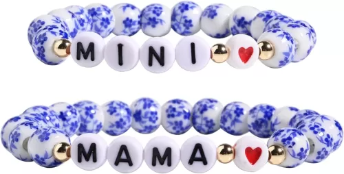 Blue And White Porcelain Bracelet For Mom Daughter, Chinoiserie Bracelets Mothers Day Gifts, Bohemian Vintage Floral Bracelet Set For Mom Girl