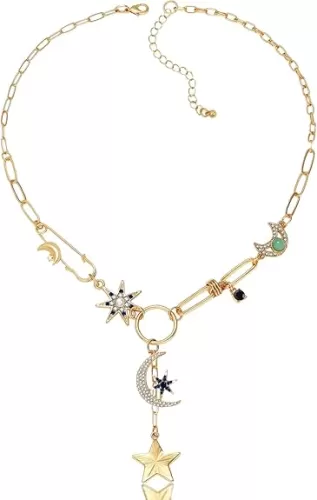 Boho Gold-Tone Moon & Star Charm Necklace - Trendy Star Jewelry & Gold-tone Charm Boho Necklace, Perfect Christmas Jewelry Gift For Women - 18K Gold Plated Heart Pendent & Hip Hop CharmNecklace