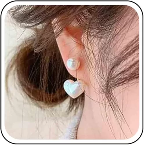 Boho Pearl Heart Ear Jacket Earrings Gold Pearl Studs Earrings Love Heart Earrings Double Sided Front Back Earrings Jewelry for Women