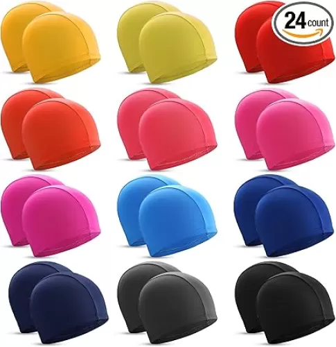 Bonuci 24 Pieces Cloth Elastic Swim Cap Bulk Comfortable Fabric Swimming Hat Elasticity Swimming Pool Cap Lightweight Bathing Caps for Women Men Kids Unisex, Not Waterproof