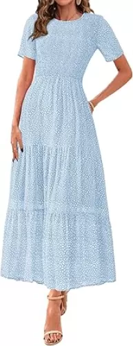 BTFBM Women Casual Short Sleeve Crew Neck Summer Dress Bohemian Floral Printed Flowy Maxi Dresses Tiered Cocktail Dress