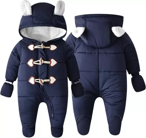 BYFRI Baby Boys Girls Snowsuit Winter Hooded Fleece Jumpsuit Newborn Warm Footed Coat Outerwear with Gloves 0-9M