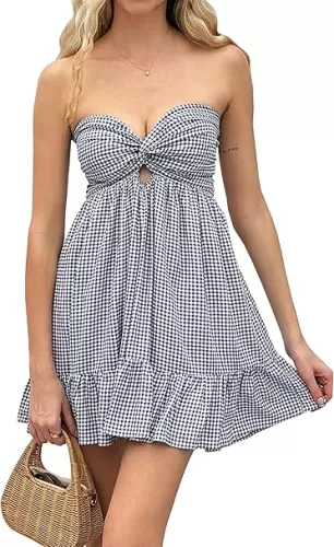 Cantonwalker White Strapless Mini Dress Elasticated Waistband Twist Flowy Mini Dress for Summer 0299