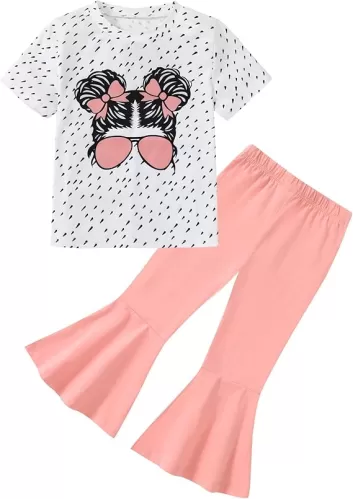 CARETOO Girls Summer Outfit Poster Girl Matching Sister 2pcs Sets Printed t-Shirt + Flare Leg Pants For 3-8 Years