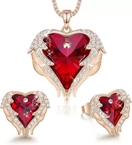 CDE Mothers Day Jewelry Set for Women, Angle Wing Heart Pendant Necklaces and Earrings with Birthstone， Birthday/Anniversary Christmas Jewelry Gift for Women Wife Her