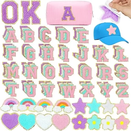 Chenille Letter Patches, 120Pcs Chenille Patches Self Adhesive for Clothing, Varsity Letter Patches Stick on, Cute Preppy Rainbow Star Heart Patches Stickers for Backpacks Jeans Jackets Hats Bags