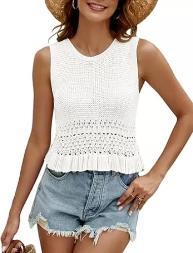 CiCiBird Women Cute Crop Sweaters Vest Knit Sleeveless Pullover Tops Crochet Ruffle Hem Tank