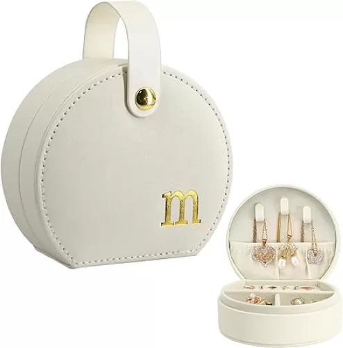 COLLECTIVE HOME - Travel Jewelry Case, Elegant Half-Moon Design with Gold Monogram, Detachable Handle, Personalized Accessory Organizer, Gift for Fashion-Forward Women and Teens (m)