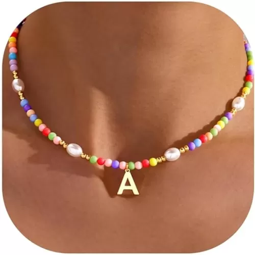 Colorful Initial Necklace for Girls – Trendy Dainty Beaded Choker with Letter Pendant, 14K Gold Plated, Cute Personalized Jewelry Gift for Kids, Teens, Women, Birthday, Christmas, Lockets