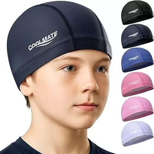 COOLMATE Fabric Swim Cap for Adult Women Men Kid 3 4 6 8 14 16, Silicone Waterproof Layer, Cloth Swim Cap Gifts for Swimmers, Lightweight and Comfortable for Pool, Lap Swimming (Legend Ink, S)