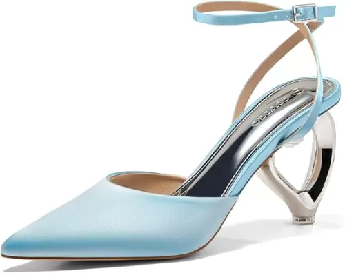 Coutgo Womens Kitten Heels Closed Pointed Toe Heart Heel Ankle Strap Satin Pumps Wedding Prom Dress Shoes