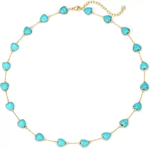 Created Turquoise Necklace for Women 14K Gold Plated Beaded Heart Choker Boho Necklaces Handmade Beach Summer Everyday Gold Jewelry Gifts