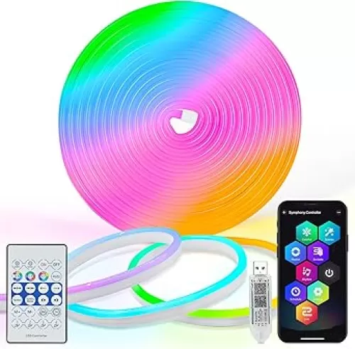 DBFAIRY Smart Neon Rope Light, 16.4Ft RGB Color Changing IC Neon Rope Lights with App Remote Music Sync, Silicone Waterproof Flexible DIY Rope Strip Lights for Living Room Gaming Party Outdoors Decor