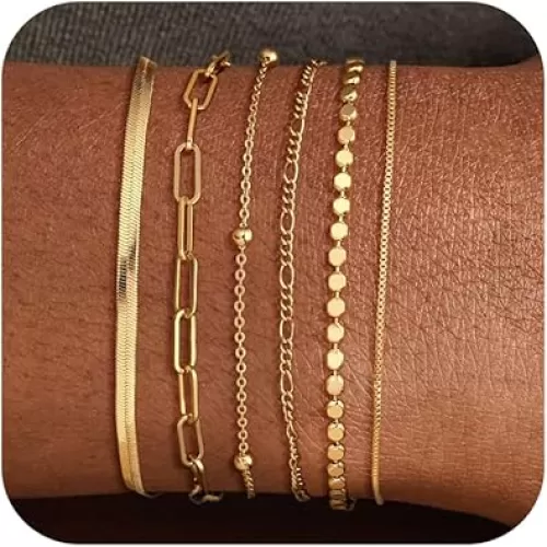 DEARMAY Waterproof Gold Bracelets Set for Women Trendy, Dainty 14K Real Gold Plated Jewelry Fashion Stackable Tennis Beaded Figaro Herringbone Paperclip Link Bracelet Pack Stack Gifts for Women