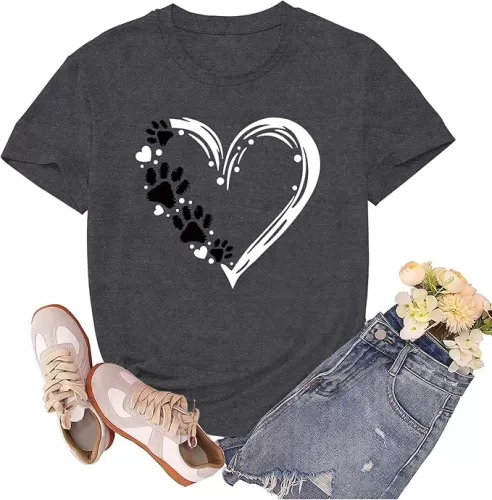 Dog Mom Shirts for Women Dog Lover Tshirts Cute Paw Love Heart Print Tee Tops