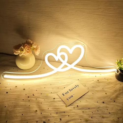 Double Heart Neon Signs for Wall Decor Twin Hearts Led Sign Dimmable Warm White Neon Heart Sign Love Decorations for Girls Minimalist Bedroom(16.3”x 4.33”)