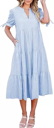 ECOWISH Women Summer Casual Dress - V Neck Short Sleeve Gingham Midi Pleated Tiered Loose Fit Holiday Picnic Dresses