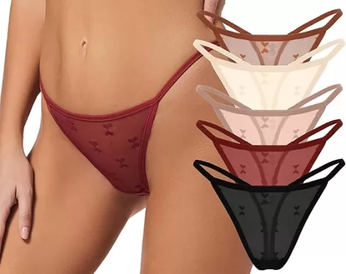 FEOYA Sheer Mesh Thongs for Women Sexy Heart Print G String Panties Low Waist Underwear