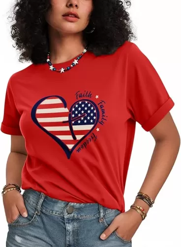 Flafens 4th of July Shirts for Women - Independence Day T-Shirt Patriotic Graphic Tee Soft Cotton Crewneck Short Sleeve Tops