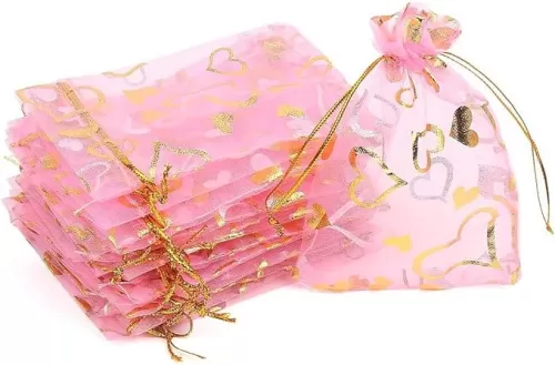 FOIMAS 100pcs Heart Organza Gift Bags, 4x6 Inch Pink Drawstring Jewelry Pouch Bag for Valentine's Day Wedding Party Favor