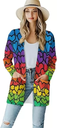 Forchrinse Rainbow Heart Long Sleeve Sweater for Women Colorful Cardigan Coat Fall Causal Open Front Cropped Cardigan, S-2XL