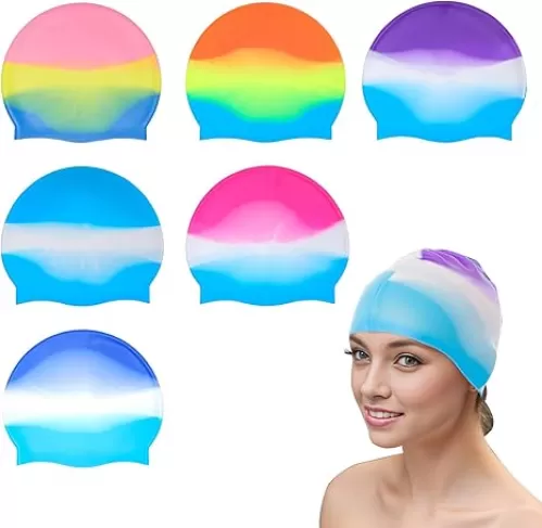Fumwase 6PCS Unisex Adult Silicone Swim Caps Waterproof Swimming Hat Adult Swimming Cap Elastomeric for Long and Short Hair