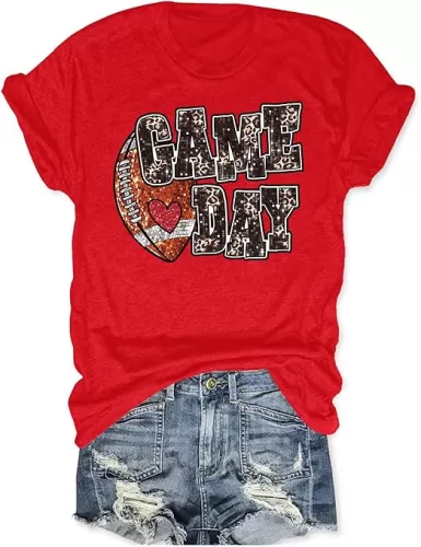 Game Day Shirts for Women: Heart Football Graphic T-Shirt Gameday Outfits Casual Sport Mom Blouse Tops