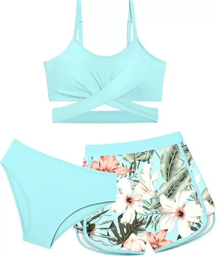 Girls Swimsuit 3 Piece Bathing Suit Criss Cross Bikini Set Girls' Swimwear with Shorts 7-16T