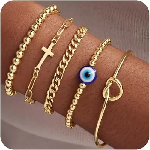 Gold Bracelets for Women, Dainty Bracelets Set for Women Trendy, Gold Bracelets Stack With Beaded, Cuban, Paperclip, Heart, Snake, Rope, Pearl, Cross, Hand Chain, Silver Jewelry Gifts for Women