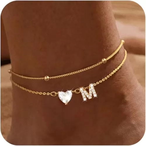 Gold Initial Ankle Bracelets for Women, 14K Gold Plated Dainty Love Heart CZ Trendy Layered Letter A-Z Waterproof Anklets Fashion Jewelry Gift for Women