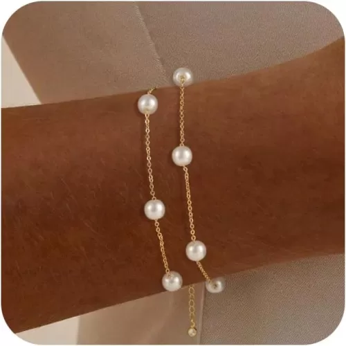 Gold Pearl Bracelets for Women, 14K Gold Plated Bracelets Dainty Pearls Beaded Link Chain Charm Bracelets Set Layered Non Tarnish Tiny Jewelry for Women