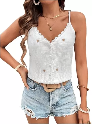 GORGLITTER Women's Heart Print Lace Vest Tops Cami Button Up Spaghetti Strap Camisole Shirts