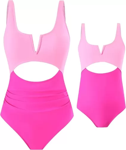 GRASWE Mommy and Me V Neck Summer Swimwear Cutout High Waisted Bathing Suits Wrap Tie Back Tummy Control Beachwear