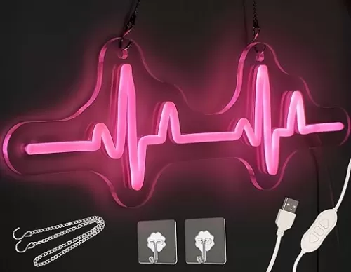 Heart Beat Neon Sign, Pink HeartBeat-Shaped Neon Sign for Wall Decor, USB Decor Neon Light for Bedroom Kid Room Birthday Party Wedding, 15.6''x5.5''