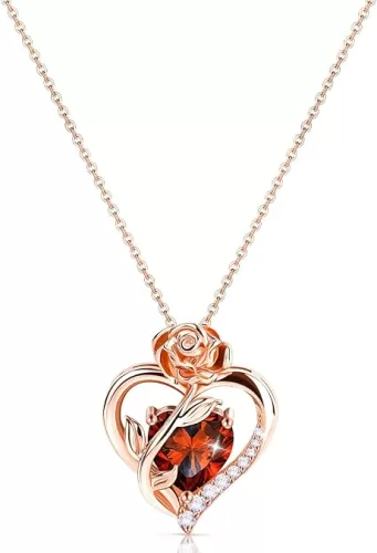 Heart Birthstone Rose Necklace for Women: Genuine 925 Sterling Silver Rose Gold Pendant Dainty Necklace Jewelry Gifts for Christmas Anniversary Birthday Gifts for Her Wife Mom