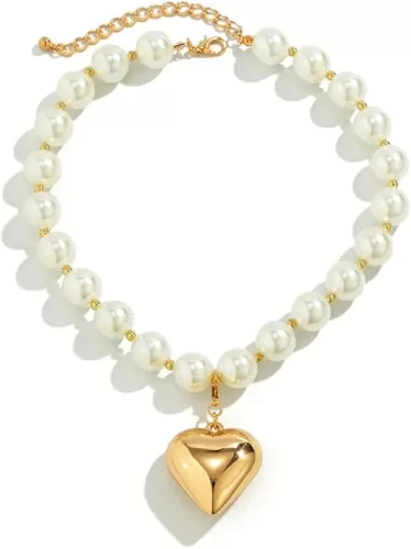 Heart Necklaces for Women Gold Chunky Heart Necklace Pearl Beads Choker Necklaces Y2k Necklace Trendy Jewelry Accessories Gifts
