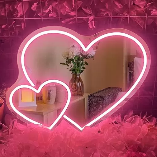 Heart Neon Signs Mirror, Dimmable Love Led Neon Light with Bracket for Wall Decor, Two Hearts Neon Light Up Sign for Bedroom Girls Room Birthday Party Studio Store Kids Presents Makeup Mirror