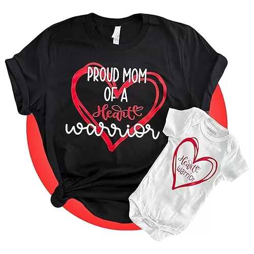 Heart Warrior and Heart Mom Matching Shirt and Onesie Bundle - Mommy and Me Set - Gift Wrapped - CHD Awareness Gifts - Congenital Heart Defect Tops for Women - Gifts for Heart Moms by Kikilishop