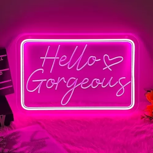 Hello Gorgeous Neon Sign for Wall Decor Led Neon Light Heart Decorative for Girl Bedroom Birthday Wedding Party Romantic Art Wall Lights Gifts USB Powered Acrylic Light for Beer Bar Club