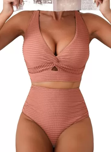 Herseas Women's Textured Bikini Sets Twist Front Top Swimsuits High Waisted Bathing Suits