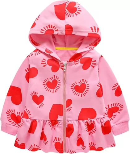 HILEELANG Toddler Girl Zip Up Hooded Sweatshirts Jacket With Ruffle Hem Cotton Lightweight Outwear