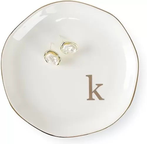HOME SMILE Initials Ring Dish Jewery Tray with Personalized K-Monogrammed Engagement Wedding Gifts for Friends, Sister, Birthday Christmas Gifts for Women, Ceramic White