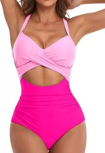 IFFEI Women One Piece Swimsuit Mommy and Me Tummy Control Bathing Suit Colorblock Cutout Tie Back High Waist Girls Swimwear